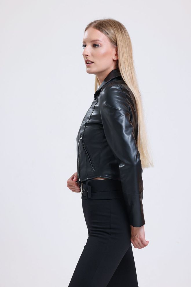 SENSE Black Zipper Detailed Faux Leather Biker Jacket Wholesale Clothing Fall
