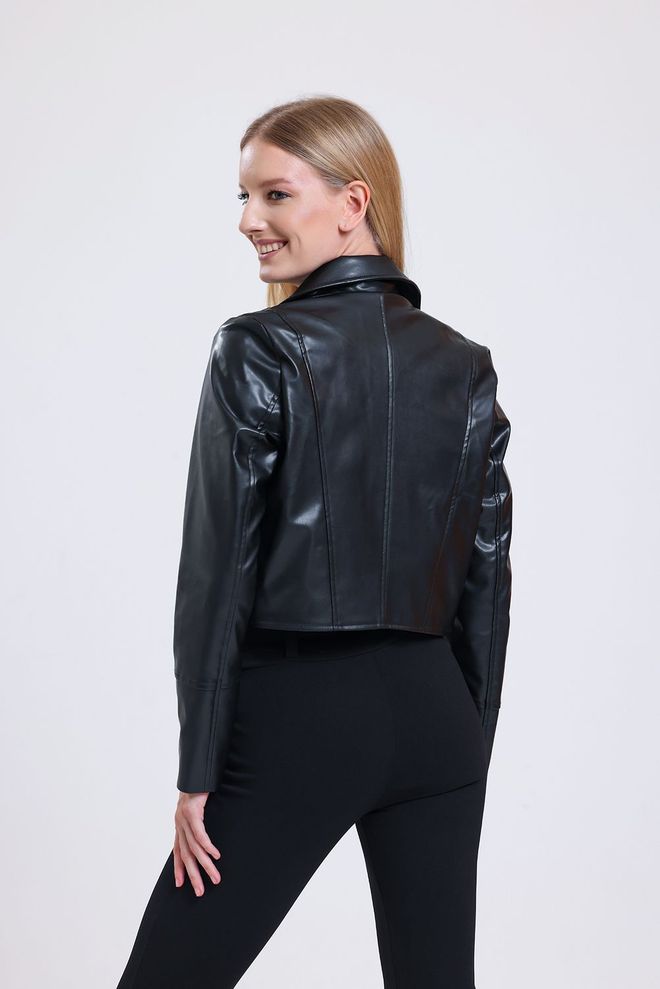 SENSE Black Zipper Detailed Faux Leather Biker Jacket Wholesale Clothing 4