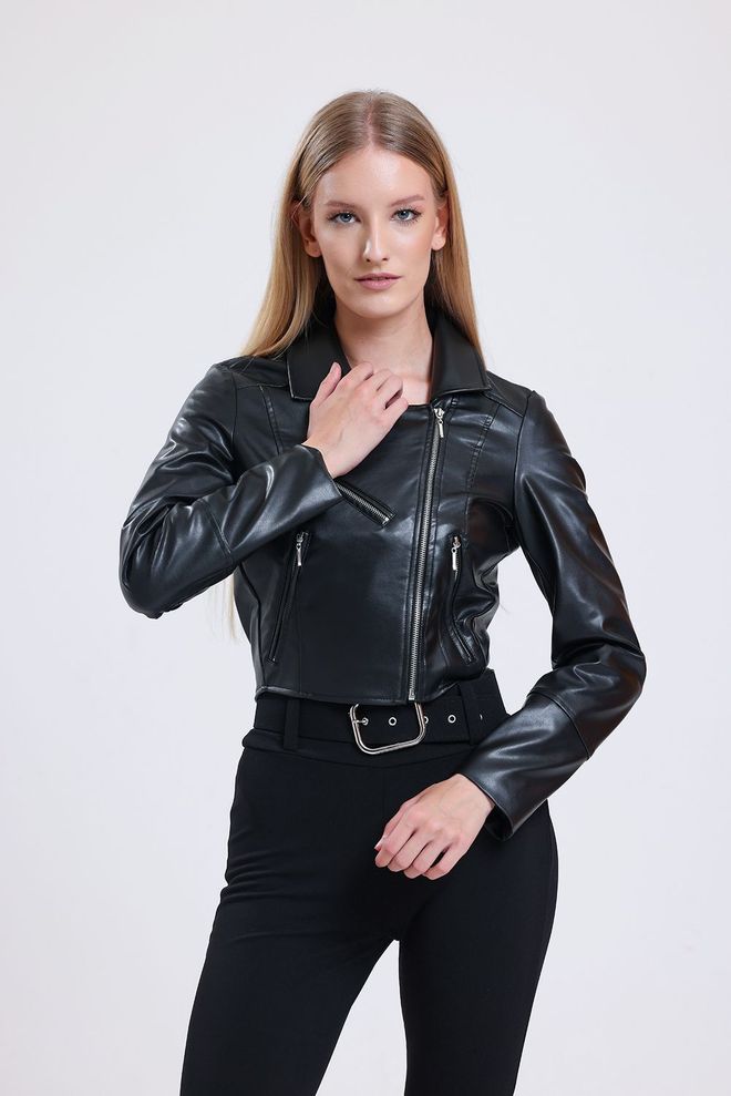 SENSE Black Zipper Detailed Faux Leather Biker Jacket Wholesale Clothing Casual