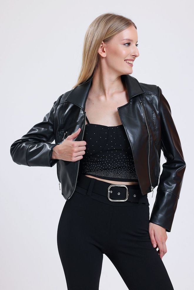 SENSE Black Zipper Detailed Faux Leather Biker Jacket Wholesale Clothing 2