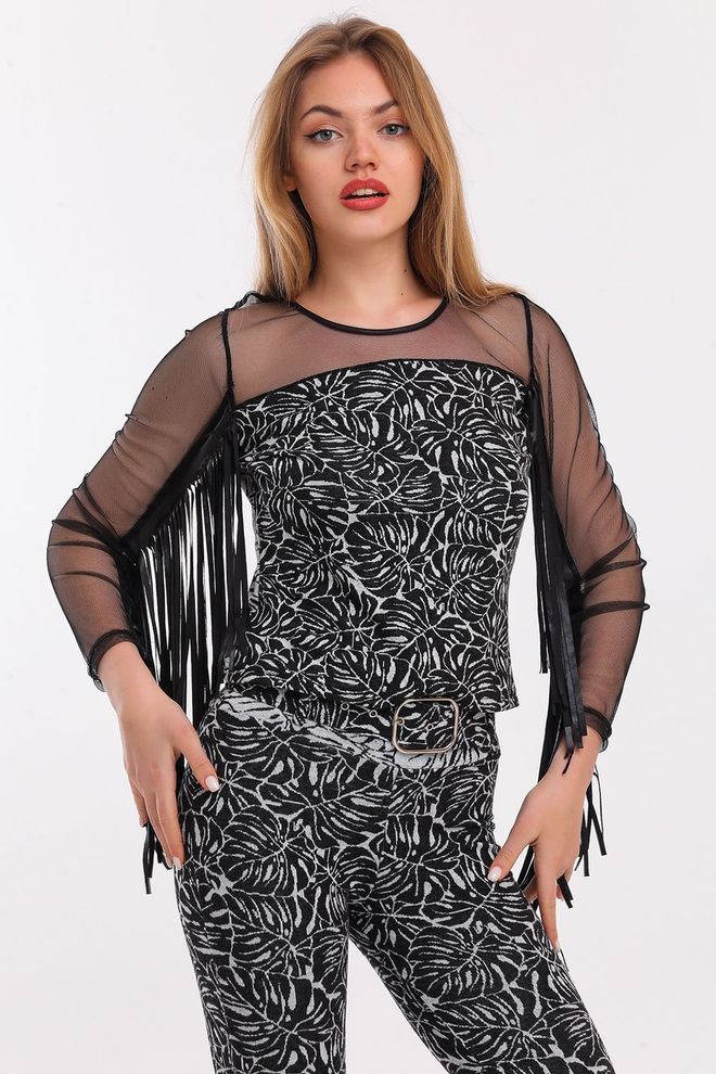 SENSE Crna Jacquard Bluza Od Ekru Tila S Resicama Veleprodaja odjeće Elegantan