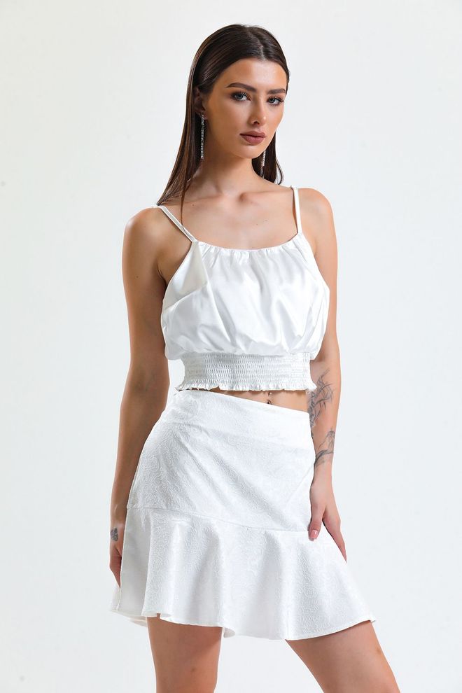 SENSE Ecru Jacquard Short Flounce Skirt_Etk32608 Wholesale Clothing Casual