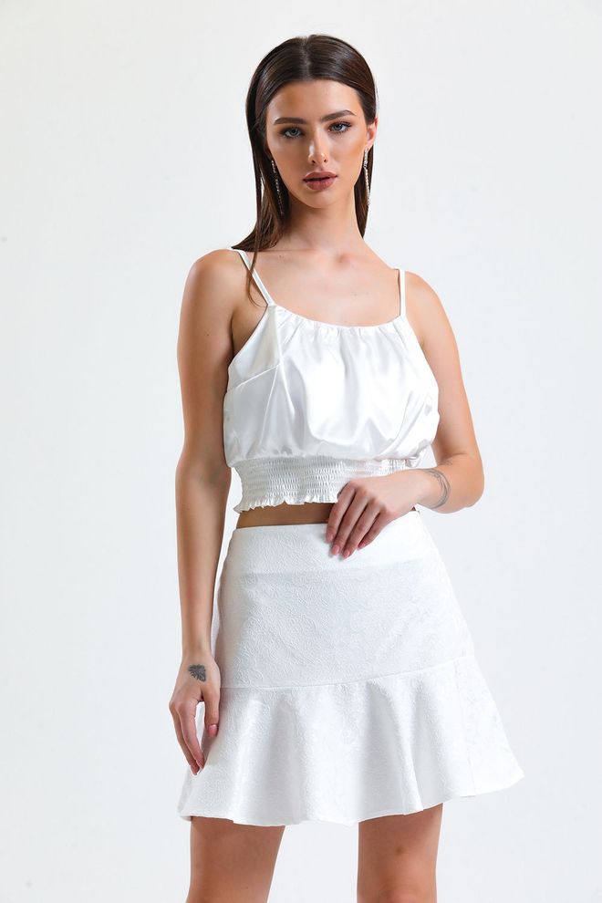 SENSE Ecru Jacquard Short Flounce Skirt_Etk32608 Wholesale Clothing Polyester