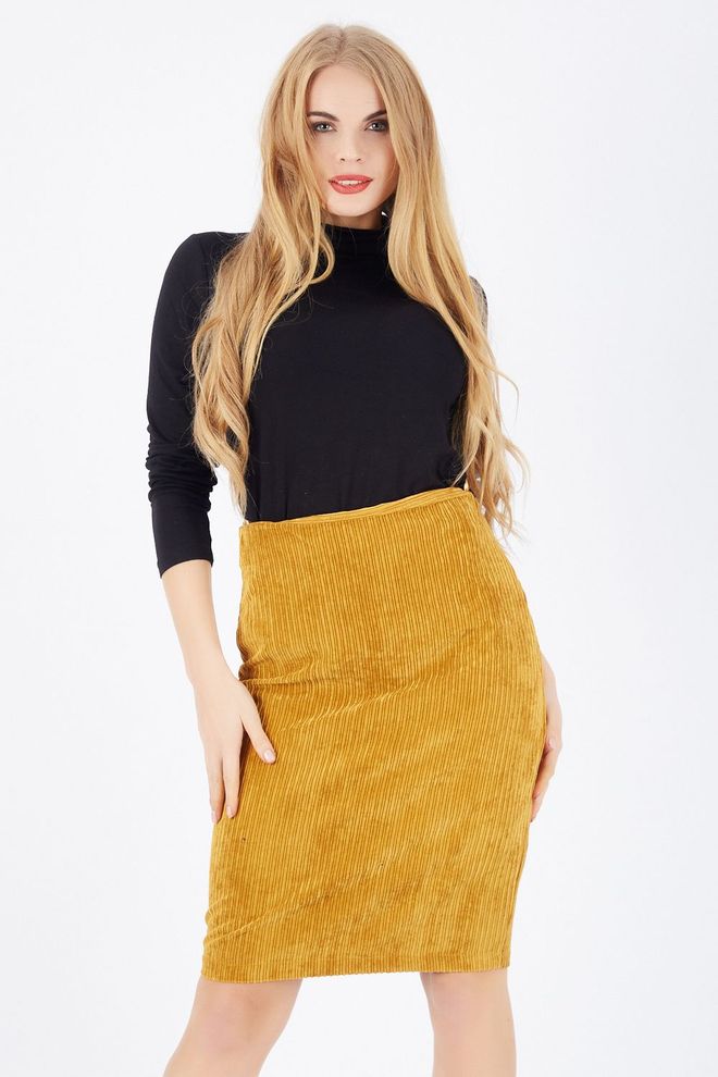 SENSE Mustard Hidden Zipper Long Velvet Skirt Wholesale Clothing Casual