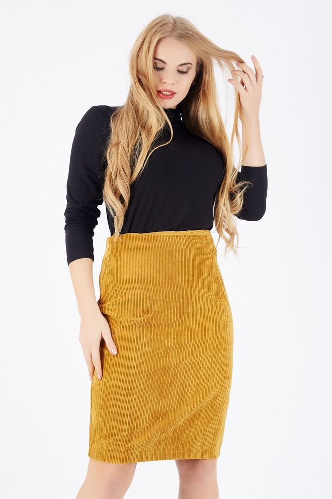 SENSE Mustard Hidden Zipper Long Velvet Skirt Wholesale Clothing Cotton