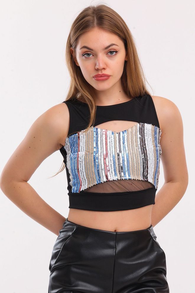SENSE Siyah Fermuarlı Önü Payetli Crop Top Toptan Giyim Resmi