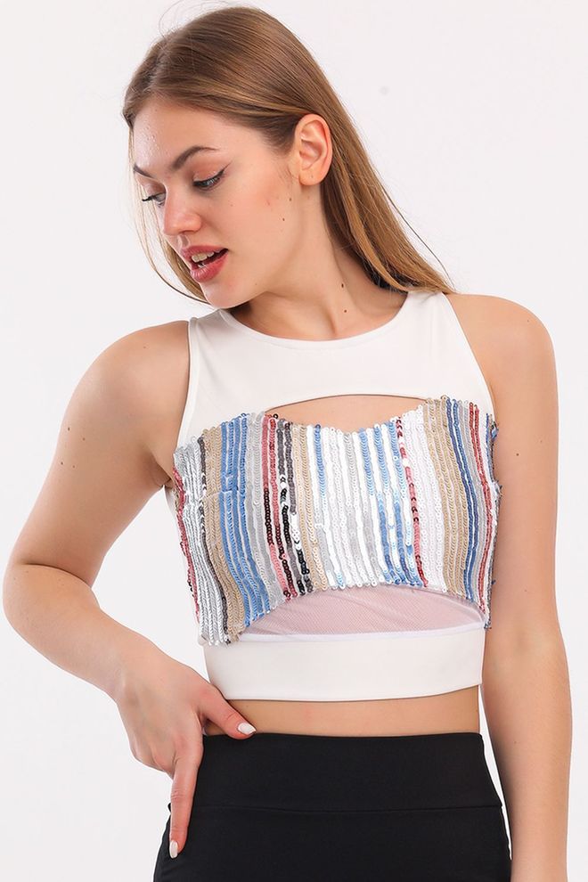 SENSE Ecru Zippered Front Sequined Crop Top Wholesale Clothing Formal
