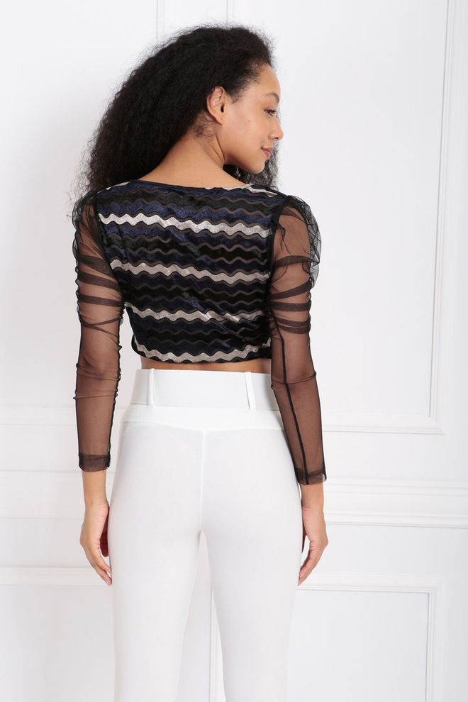 SENSE Purple Sleeves Tulle Striped Velvet Blouse Wholesale Clothing Formal