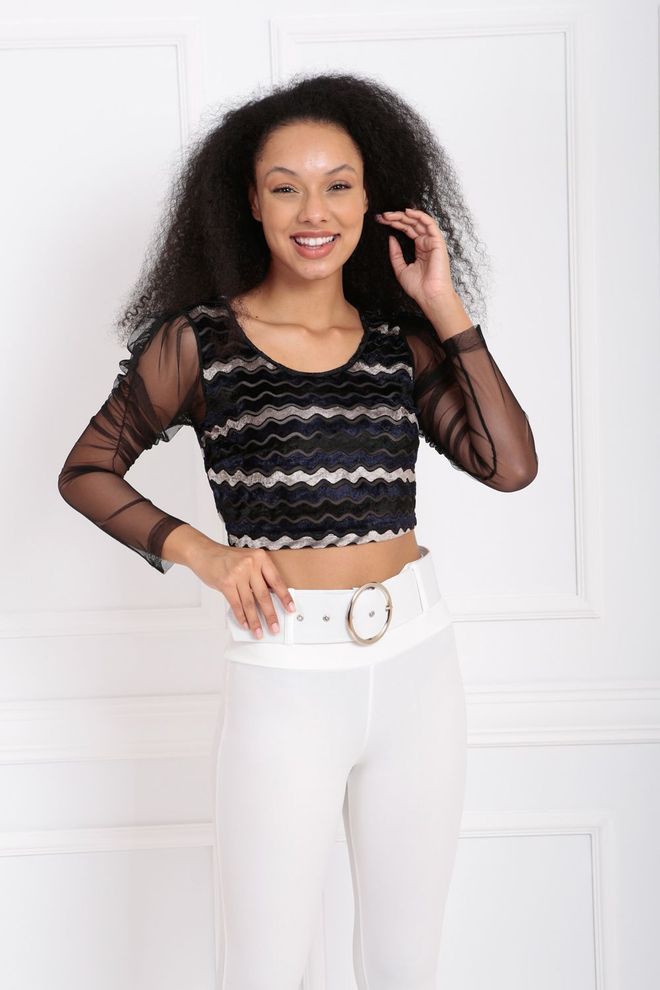 SENSE Purple Sleeves Tulle Striped Velvet Blouse Wholesale Clothing Polyester