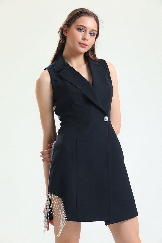 SENSE Čierna retiazka s detailnou podšívkou bez rukávov bunda H��rrem Veľkoobchod s oblečením Formálny