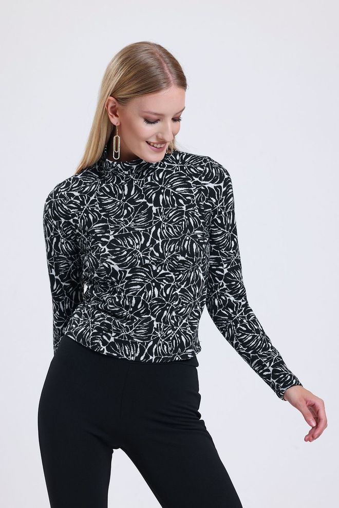 SENSE Blusa De Cuello Alto De Jacquard Negra Ropa al por mayor Casual