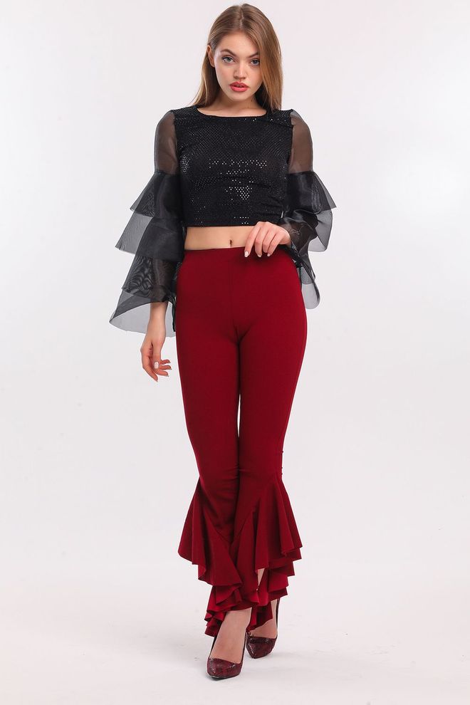 SENSE Claret Red Ispaniškos Pašos Raukinto Juosmens Elastinės Juosmens Megztos Kelnės Didmeninė prekyba drabužiais Proginis