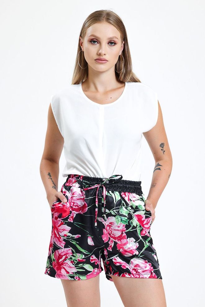 SENSE Black Floral Digital Printed Satin Shorts Wholesale Clothing Casual