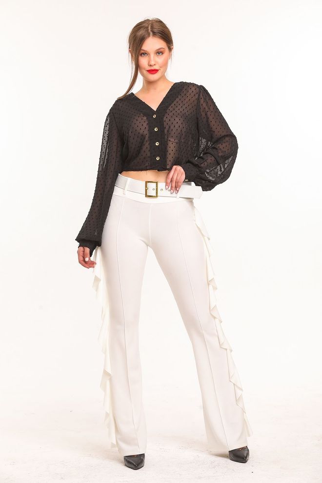 SENSE Ecru Yellow Flounced Scuba Crepe Trousers_Pnt32717 Wholesale Clothing Formal