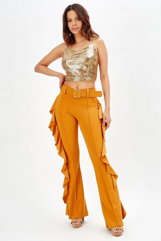 SENSE Cinto com fivela amarelo açafrão com babado lateral e calças de crepe de mergulho_Pnt32717 Roupas por atacado Primavera