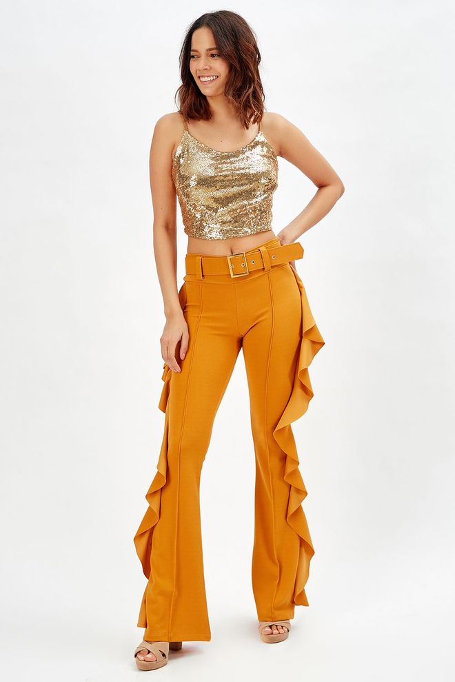 SENSE Cinto com fivela amarelo açafrão com babado lateral e calças de crepe de mergulho_Pnt32717 Roupas por atacado Elegante