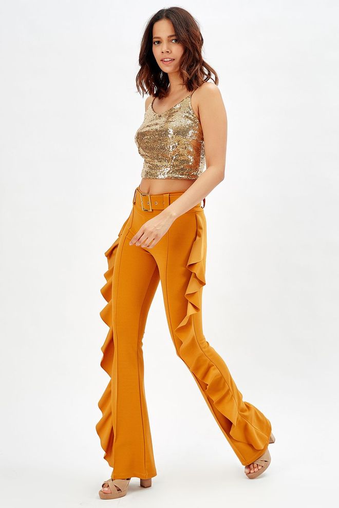 SENSE Saffron Yellow Buckle Belt Side Flounce Scuba Crepe Trousers_Pnt32717 Wholesale Clothing Formal
