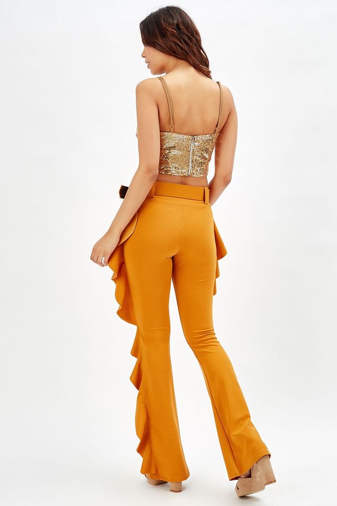 SENSE Cinto com fivela amarelo açafrão com babado lateral e calças de crepe de mergulho_Pnt32717 Roupas por atacado Poliéster