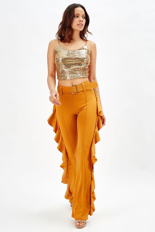 SENSE Cinto com fivela amarelo açafrão com babado lateral e calças de crepe de mergulho_Pnt32717 Roupas por atacado Aniversário