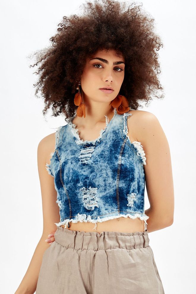 SENSE Bustier Indigo Bluse Aus Zerrissenem Denim Mit Pool Ausschnitt Und Reißverschluss Hinten Großhandelskleidung Lässig