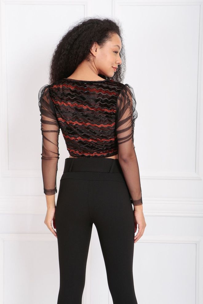 SENSE Brown Sleeves Tulle Striped Velvet Blouse Wholesale Clothing Formal