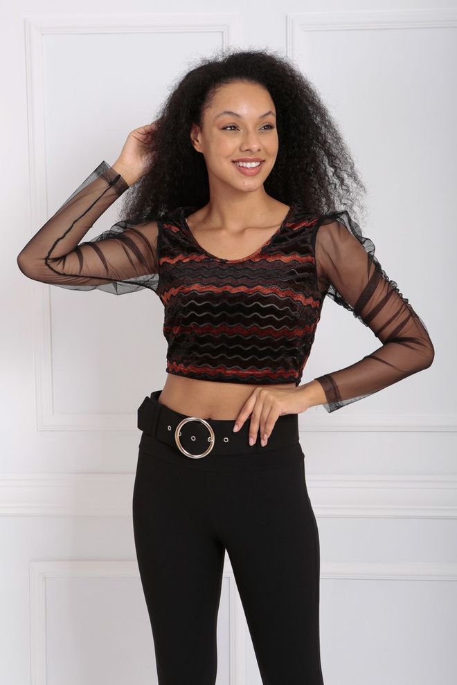 SENSE Brown Sleeves Tulle Striped Velvet Blouse Wholesale Clothing Polyester