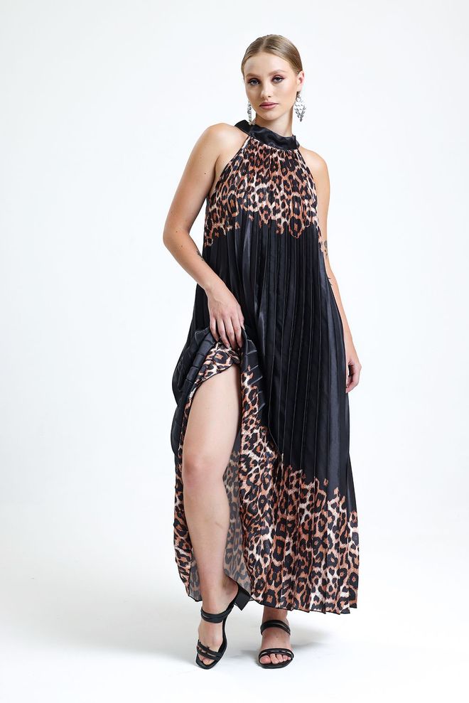 SENSE Sense Brown Leopard Halter Kaklo Klostuota Skaitmenine Spauda Satino Suknelė Be Rankovių Didmeninė prekyba drabužiais Vasara