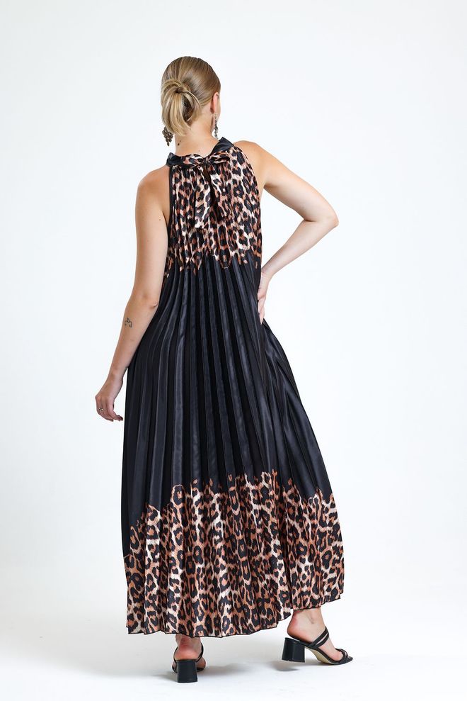 SENSE Sense Brown Leopard Halter Kaklo Klostuota Skaitmenine Spauda Satino Suknelė Be Rankovių Didmeninė prekyba drabužiais Išleistuvės