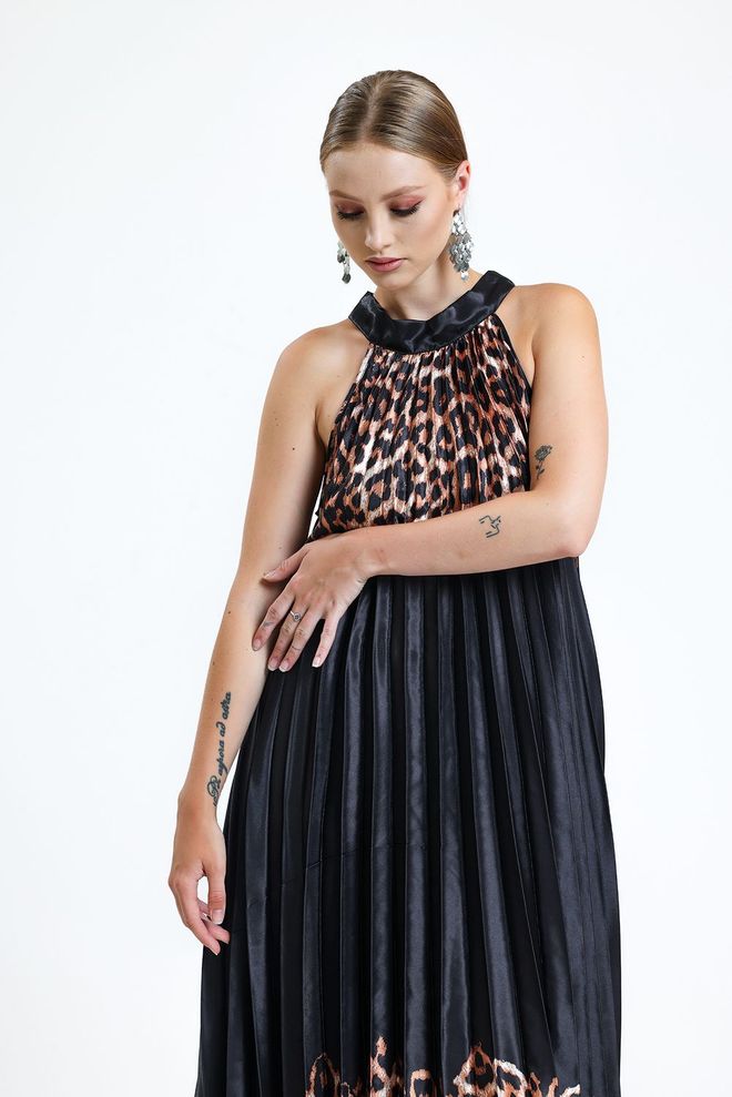 SENSE Sense Brown Leopard Halter Kaklo Klostuota Skaitmenine Spauda Satino Suknelė Be Rankovių Didmeninė prekyba drabužiais Kokteilinė