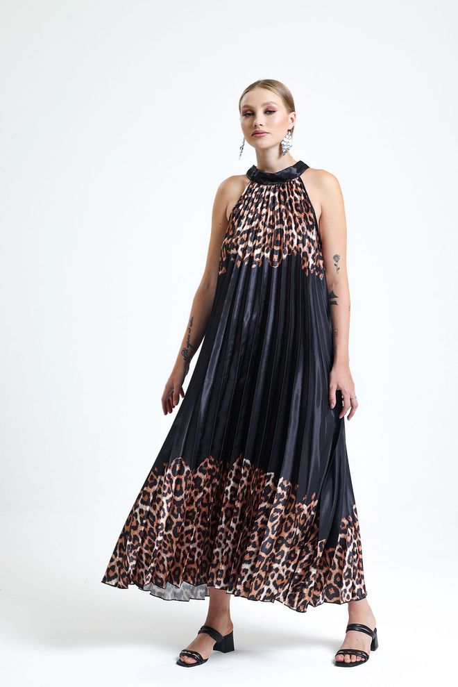 SENSE Sense Brown Leopard Halter Kaklo Klostuota Skaitmenine Spauda Satino Suknelė Be Rankovių Didmeninė prekyba drabužiais Pankiškas