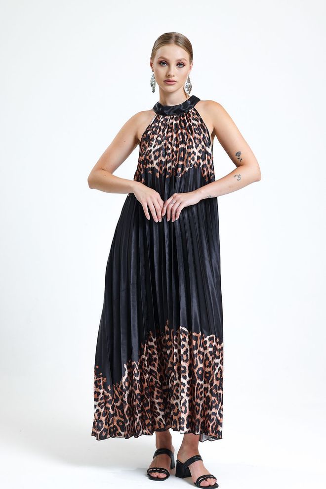 SENSE Sense Brown Leopard Halter Kaklo Klostuota Skaitmenine Spauda Satino Suknelė Be Rankovių Didmeninė prekyba drabužiais Sujuosiamas švarkas