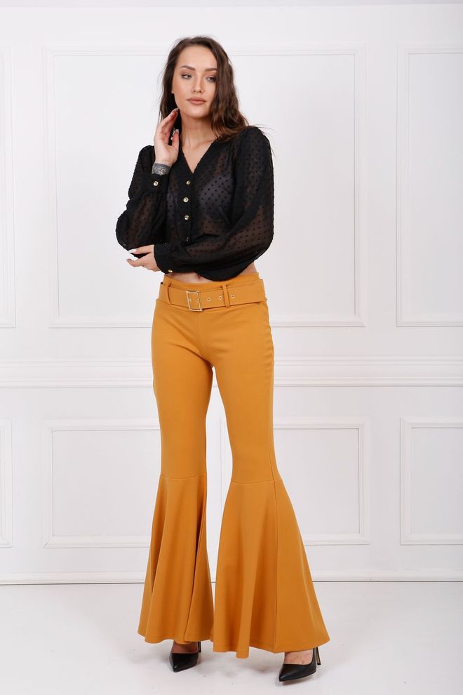 SENSE Сенсе Шафран Тканина Пресвучена Каиш Испод Колена Флоунце Пикуе Панталоне Велепродаја одеће Пролеће