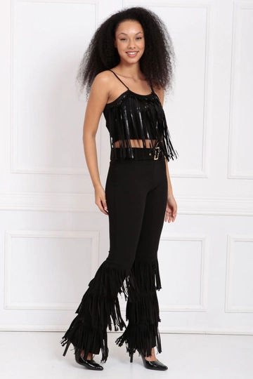 A wholesale clothing model wears  Sense Black Belted Scuba Crepe Trousers With Tassels On The Legs
, Turkish wholesale Pants of SENSE