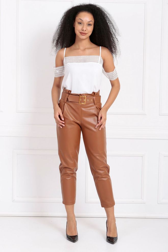 SENSE Sense Tan Belted High Waist Leather Trousers With Side Hidden Zipper Wholesale Clothing Formal