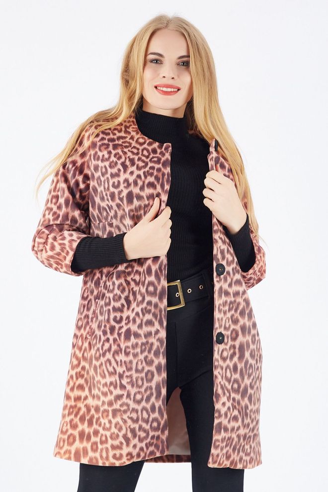 SENSE Brązowy płaszcz Sense z nadrukiem w panterkę, zapinany na zatrzaski Hurtowa sprzedaż odzieży Elegancki