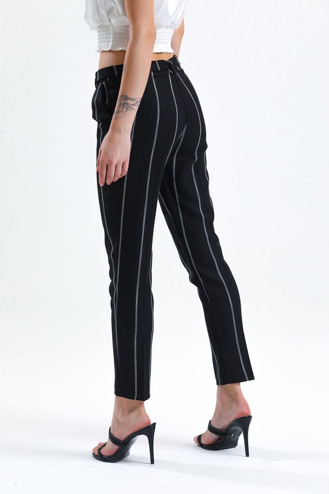 SENSE Sense Black Striped Waist Belted Ankle Trousers Wholesale Clothing 4