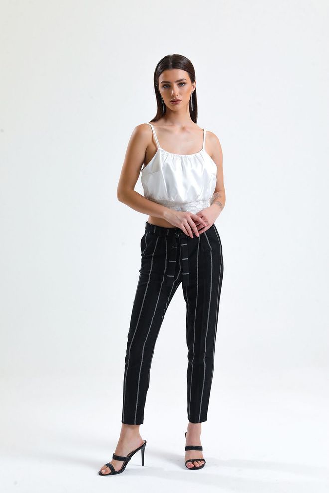 SENSE Sense Black Striped Waist Belted Ankle Trousers Wholesale Clothing Polyester