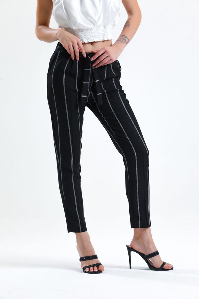 SENSE Sense Black Striped Waist Belted Ankle Trousers Wholesale Clothing Work