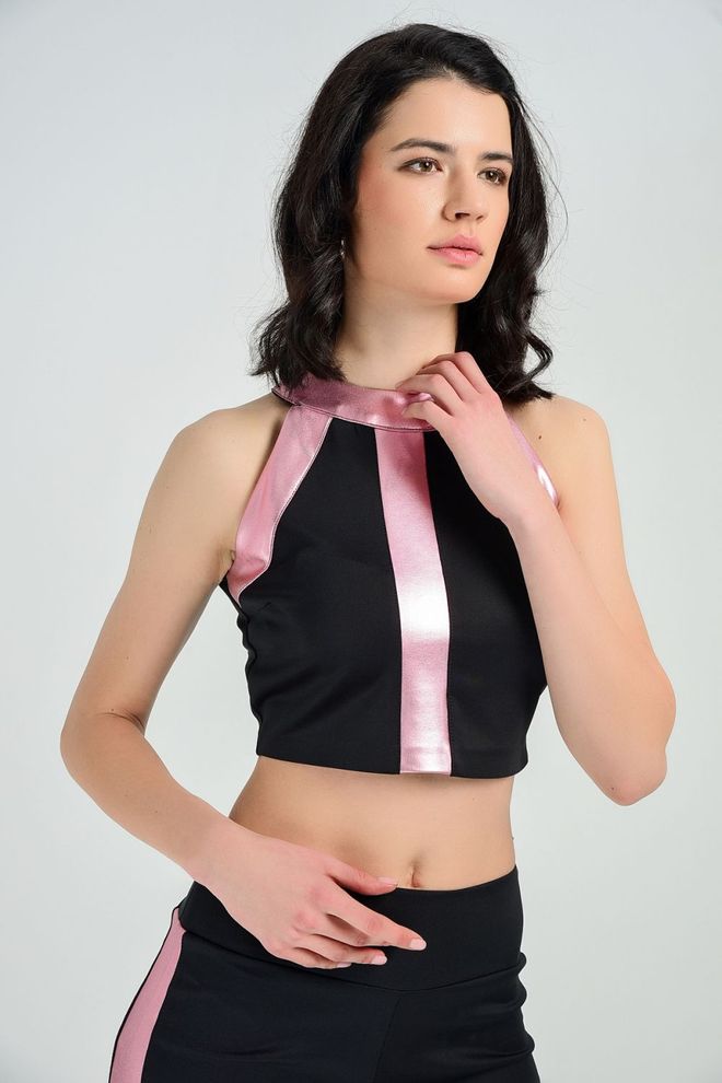 SENSE Bustier Blouse With Pink Trim And Leaf Garnish Wholesale Clothing Polyester