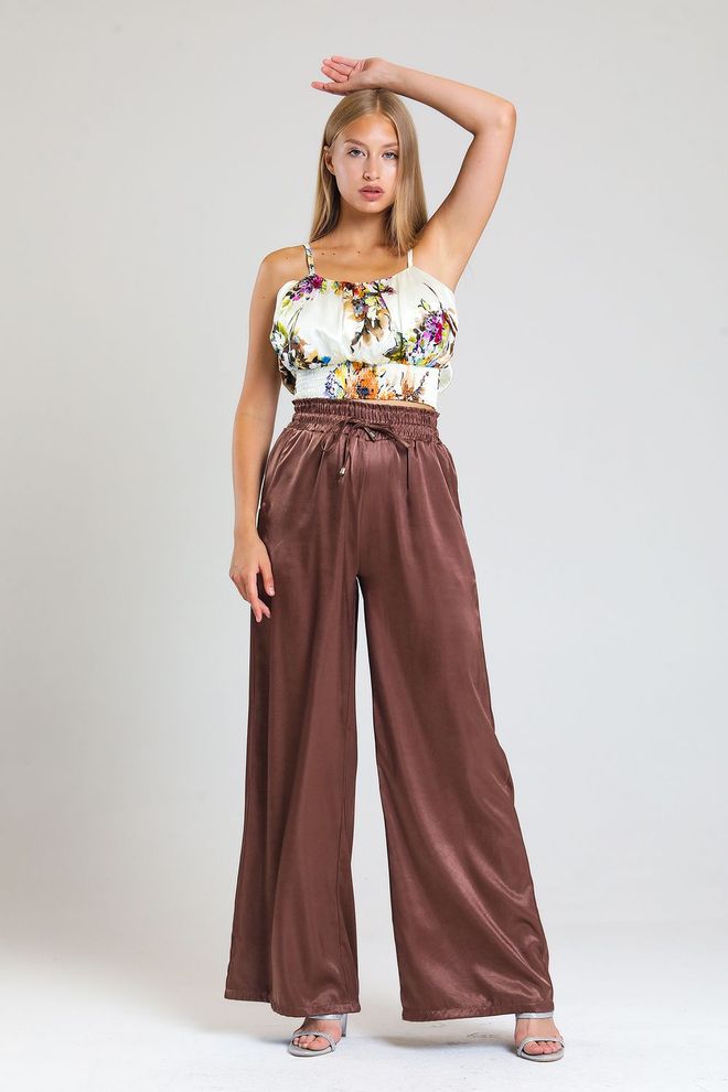 SENSE Milk Brown Gipe Detailed Pocket Wide Leg Satin Trousers Wholesale Clothing Casual