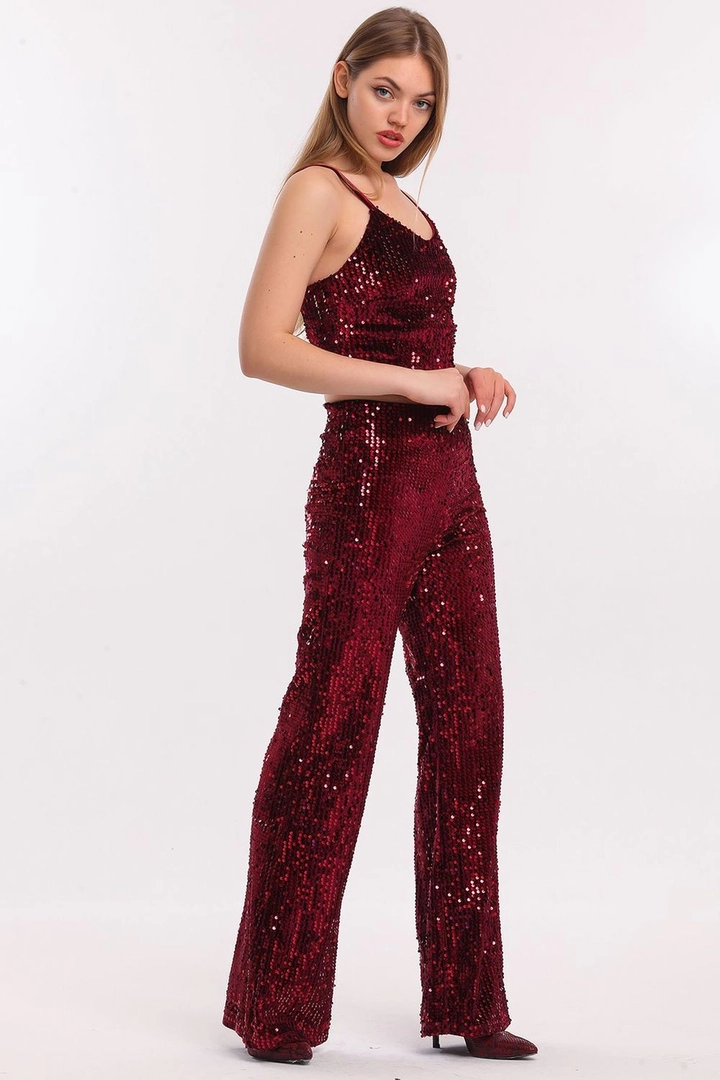 A wholesale clothing model wears sns10510-burgundy-elastic-wide-leg-sequined-evening-dress-trousers, Turkish wholesale Pants of SENSE
