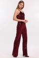 A wholesale clothing model wears sns10510-burgundy-elastic-wide-leg-sequined-evening-dress-trousers, Turkish wholesale  of 