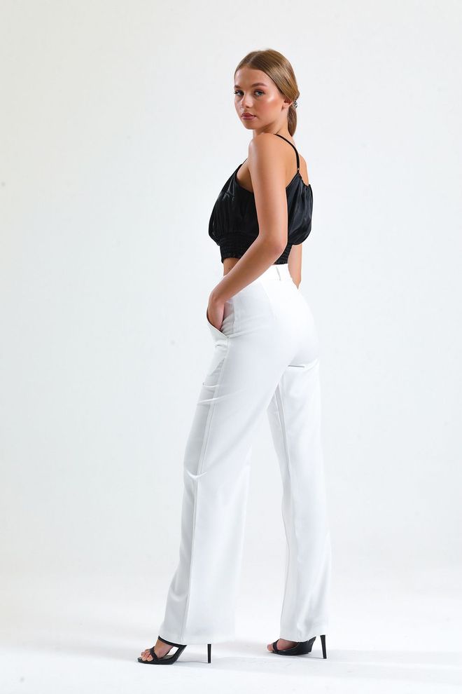SENSE Hürrem Fabric Wide Leg Trousers With Ecru Ornamental Stitching Wholesale Clothing Polyester