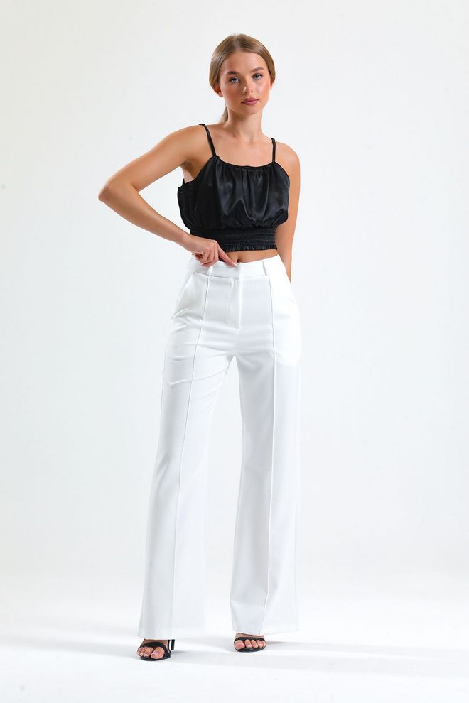 SENSE Hürrem Fabric Wide Leg Trousers With Ecru Ornamental Stitching Wholesale Clothing Work