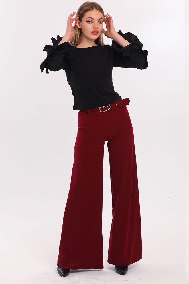 SENSE Παντελόνι Κρεπ Scuba Leg Flare Belted Burgundy Χονδρικό εμπόριο ενδυμάτων Κομψό