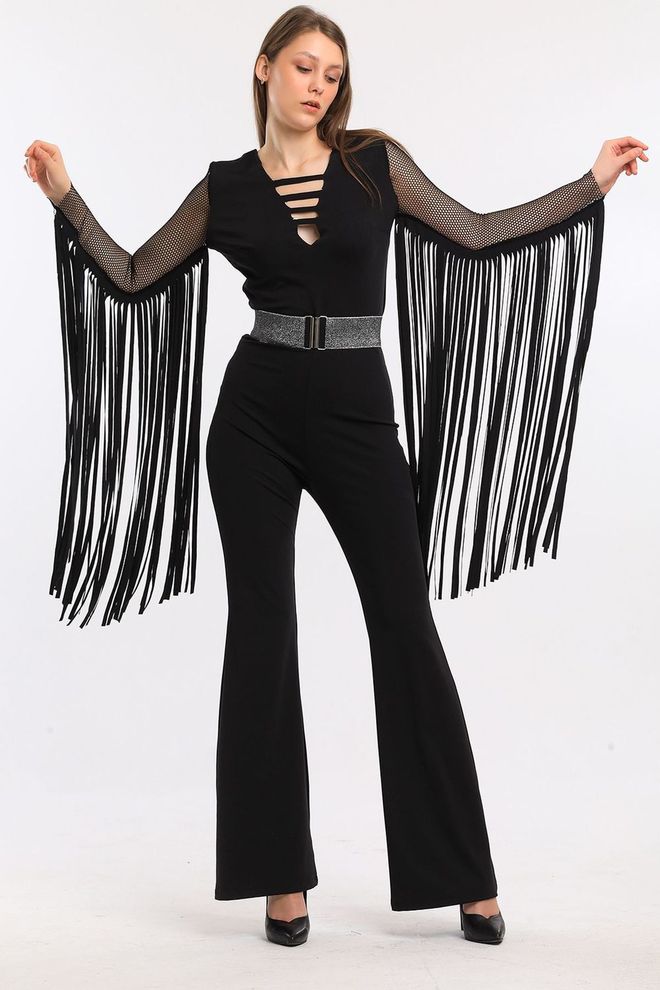 SENSE Црни Ронилачки Комбинезон Са Мрежицом И Ресицама Са Скривеним Патентним Затварачем На Леђима И Без Каиша Велепродаја одеће Флаппер