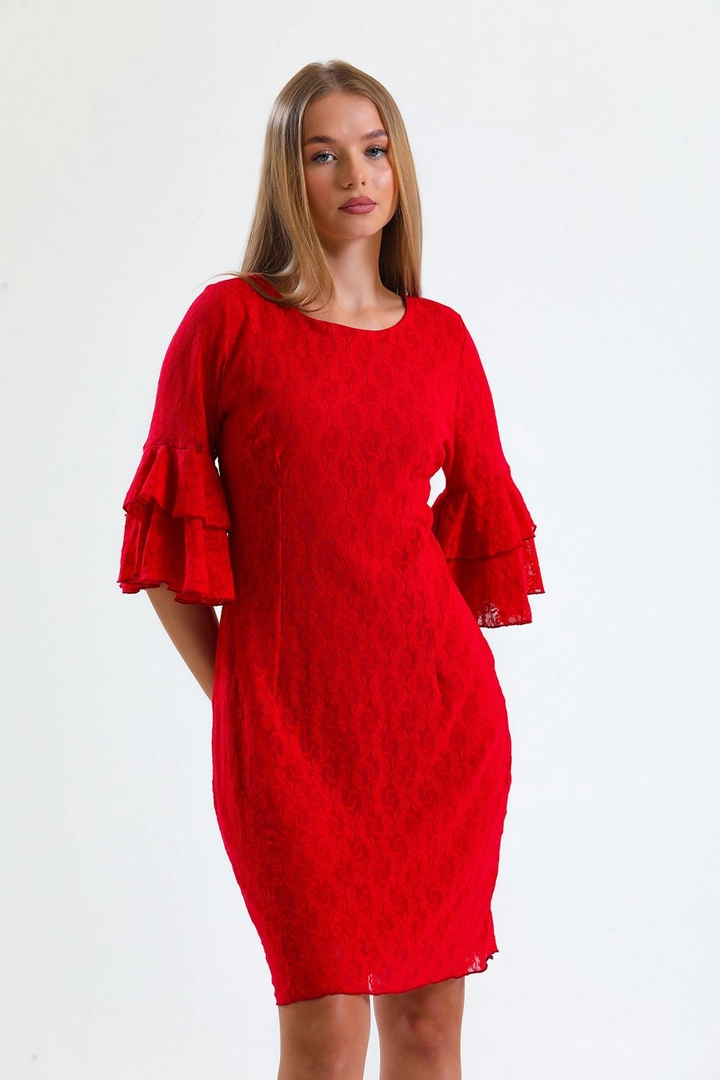 A wholesale clothing model wears sns10531-red-guipure-sleeves-flounce-dress, Turkish wholesale Dress of SENSE