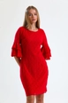 A wholesale clothing model wears sns10531-red-guipure-sleeves-flounce-dress, Turkish wholesale  of 
