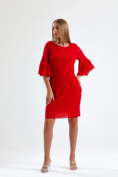 A wholesale clothing model wears sns10531-red-guipure-sleeves-flounce-dress, Turkish wholesale Dress of SENSE