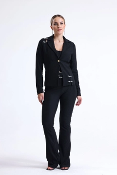 A wholesale clothing model wears sns10533-black-lined-needle-detailed-ottoban-jacket, Turkish wholesale Jacket of SENSE